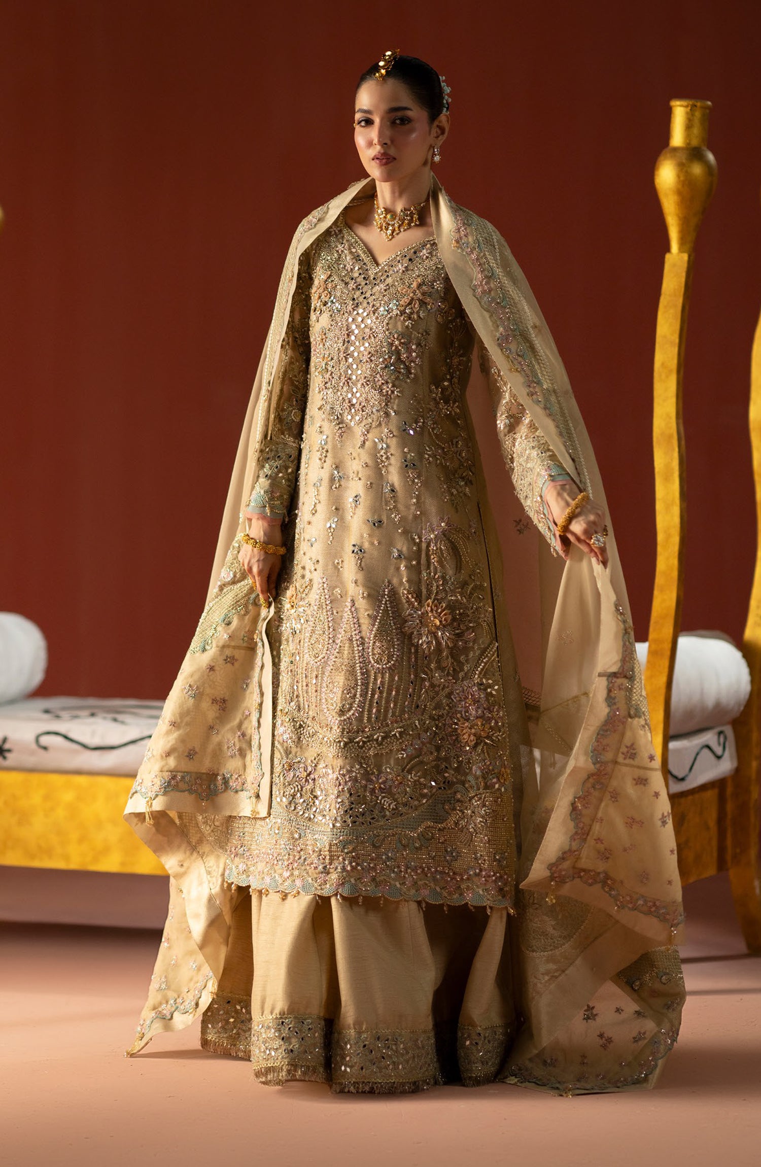 AJR Signature Embroidered Organza Unstitched 3 Piece Suit - 01 Mahtaab - AJR26WED - Golden - Wedding Collection