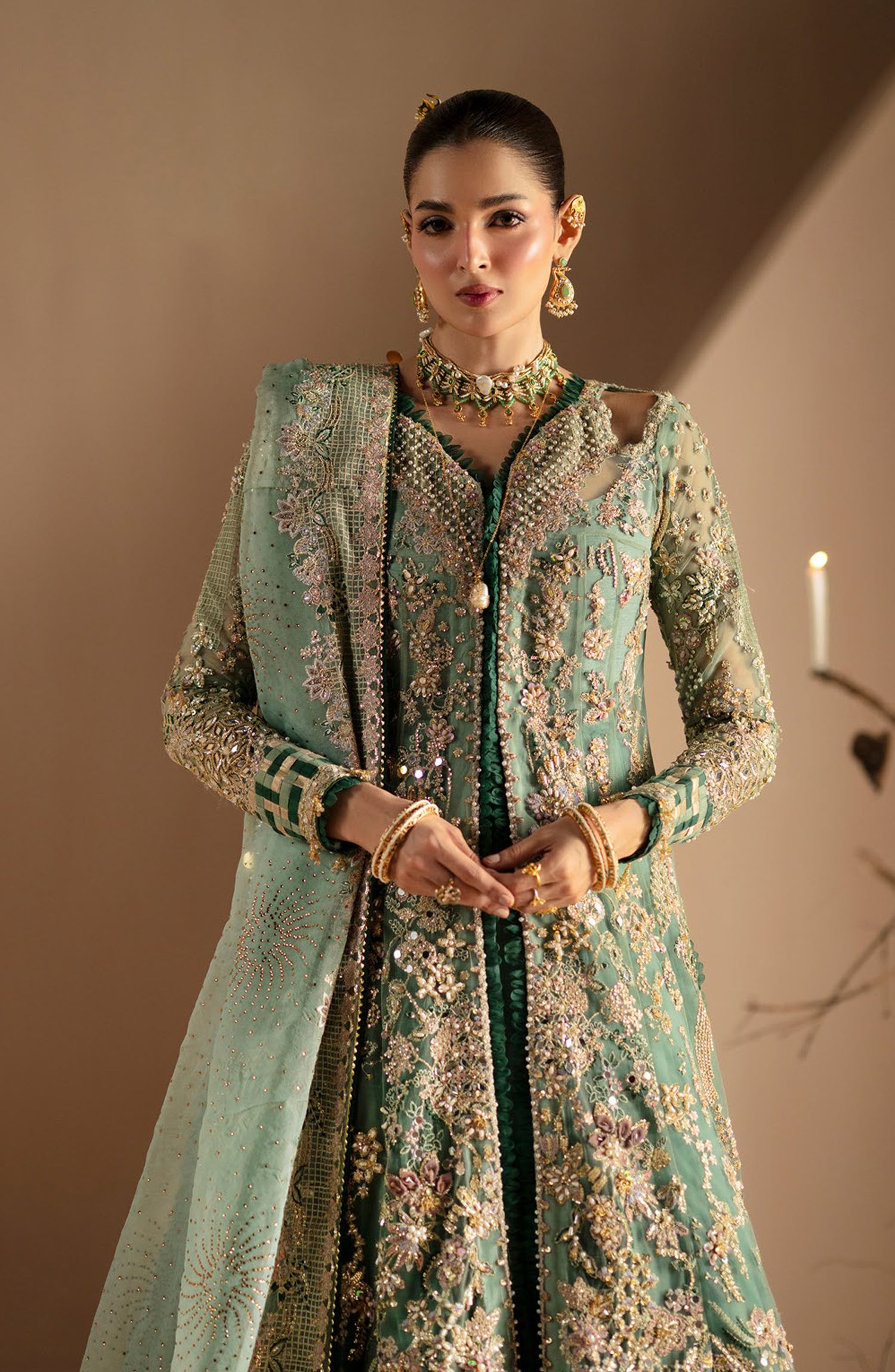 AJR Signature Embroidered Organza Unstitched 3 Piece Suit - 02 Rumi - AJR26WED - Sea Green - Wedding Collection