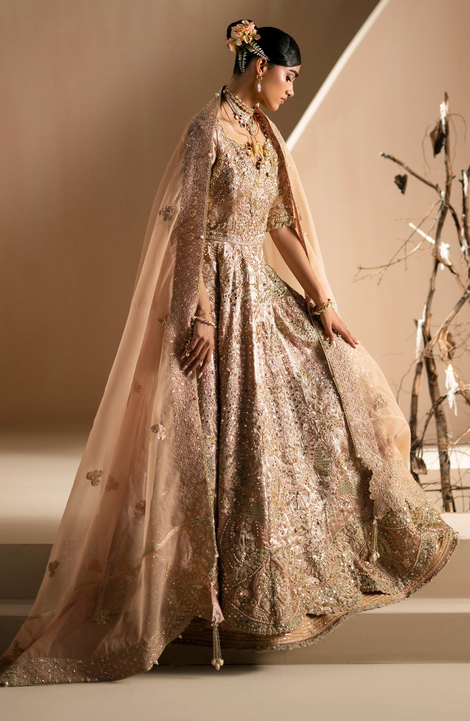 AJR Signature Embroidered Organza Unstitched 3 Piece Suit - 03 Rang-o-Noor - AJR26WED - Peach - Wedding Collection