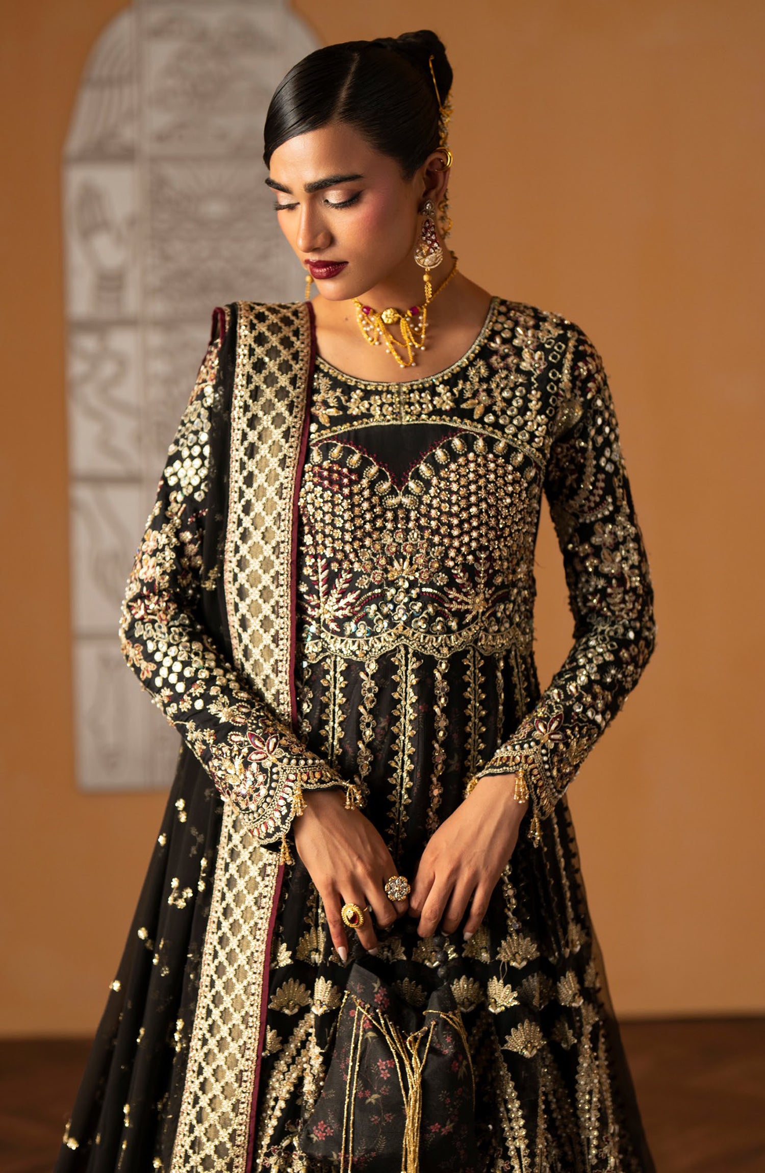 AJR Signature Embroidered Organza Unstitched 3 Piece Suit - 08 Azal - AJR26WED - Black - Wedding Collection