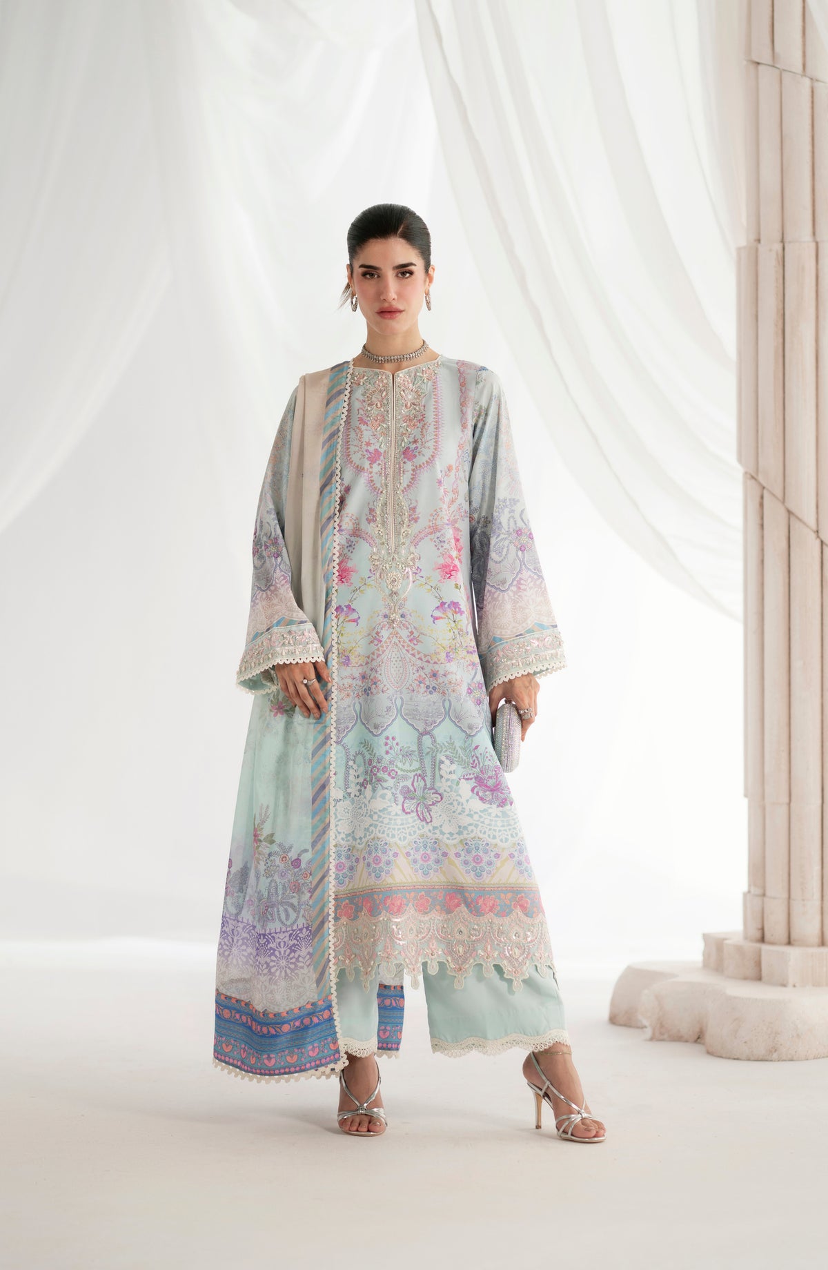 AJR Garden Whisper Embroidered Silk Unstitched 3 Piece Suit - AJR-GW-04 AURINA - AJR25GW - Sky Blue - Luxury Collection