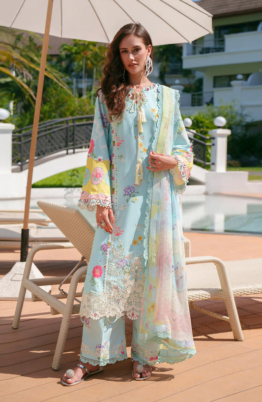 AJR Printed and Embroidered Chikankari Lawn Unstitched 3 Piece Suit - Azure - AJR26CH - Sky Blue - Summer Collection
