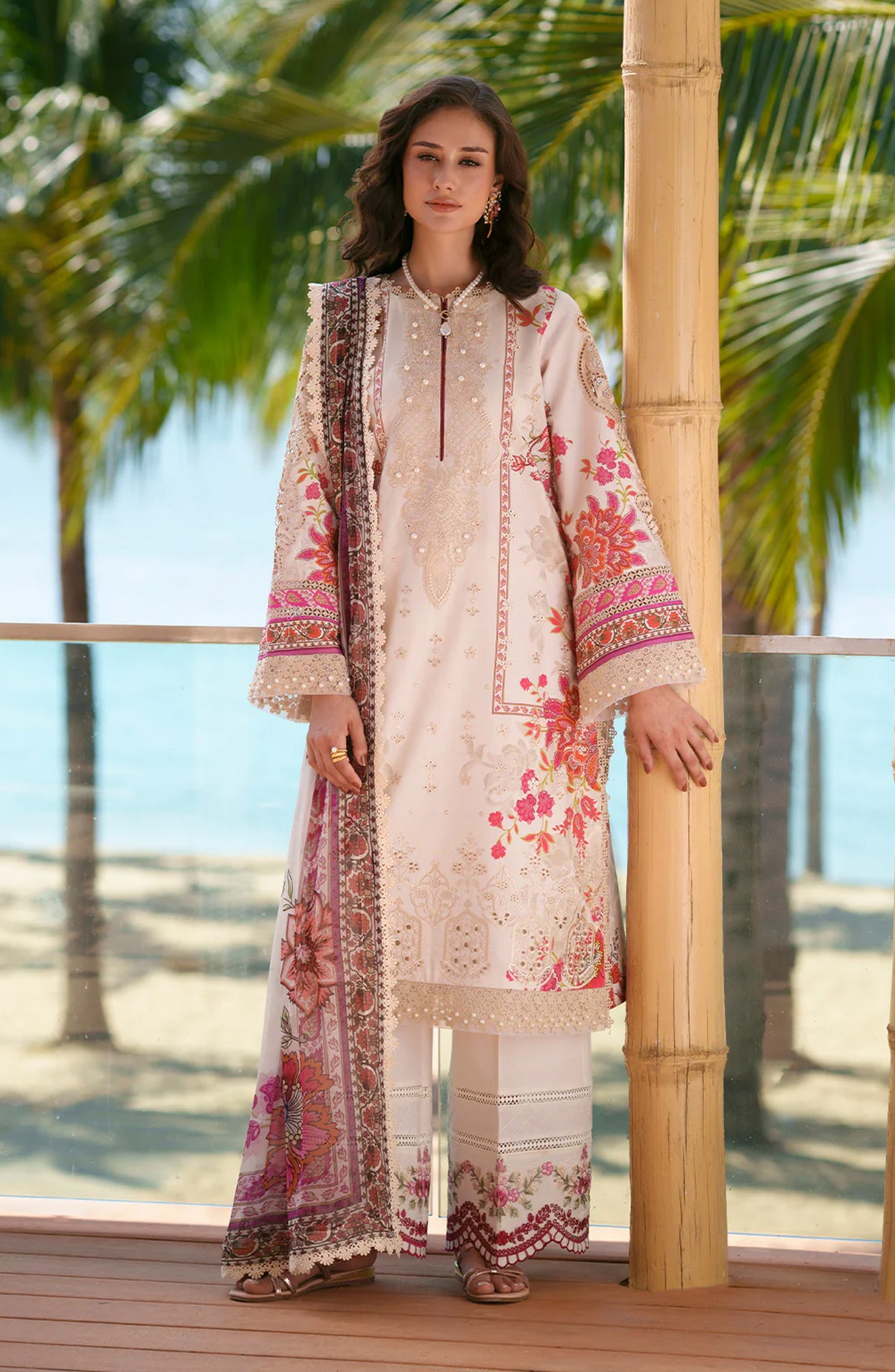 AJR Printed and Embroidered Chikankari Lawn Unstitched 3 Piece Suit - Aira - AJR26CH - Off White Beige - Summer Collection