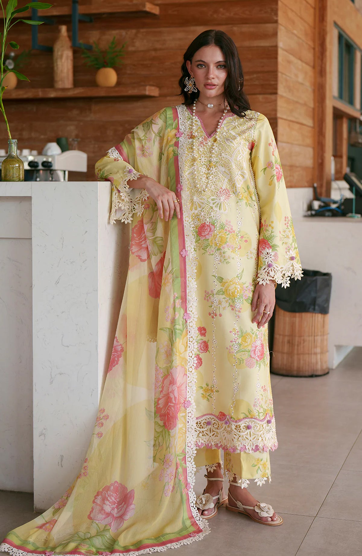 AJR Printed and Embroidered Chikankari Lawn Unstitched 3 Piece Suit - Feya - AJR26CH - Yellow - Summer Collection