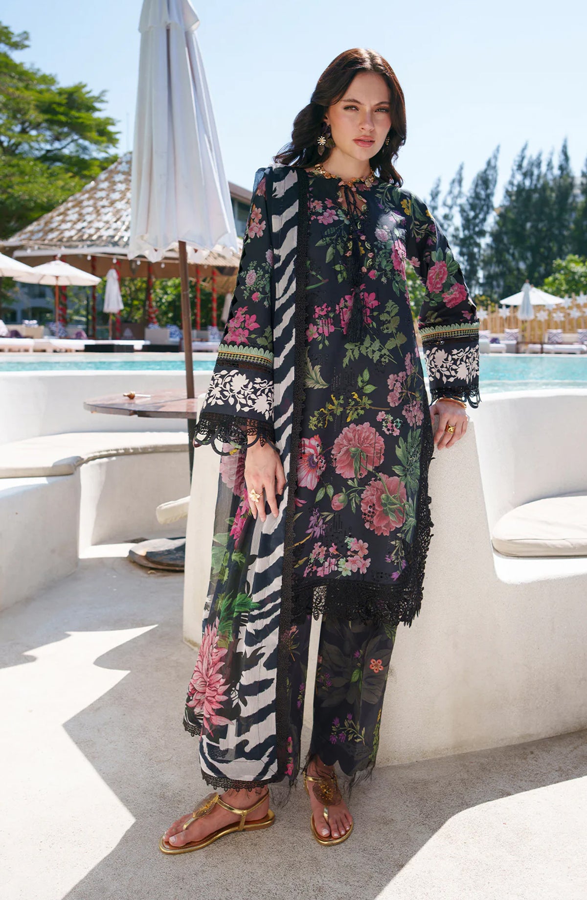 AJR Printed and Embroidered Chikankari Lawn Unstitched 3 Piece Suit - Vera - AJR26CH - Black - Summer Collection