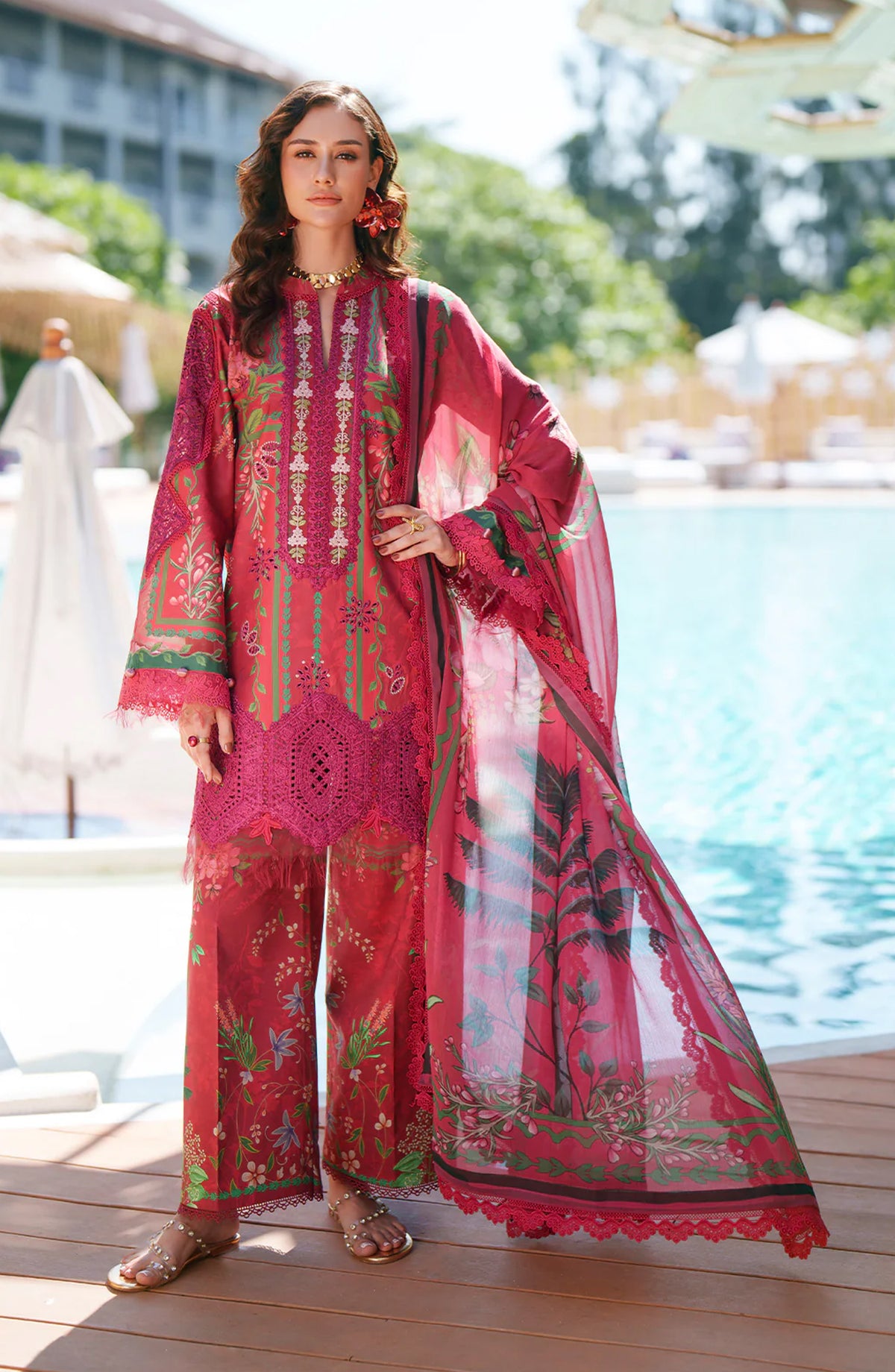 AJR Printed and Embroidered Chikankari Lawn Unstitched 3 Piece Suit - Amaira - AJR26CH - Red - Summer Collection
