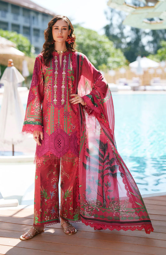 AJR Printed and Embroidered Chikankari Lawn Unstitched 3 Piece Suit - Amaira - AJR26CH - Red - Summer Collection