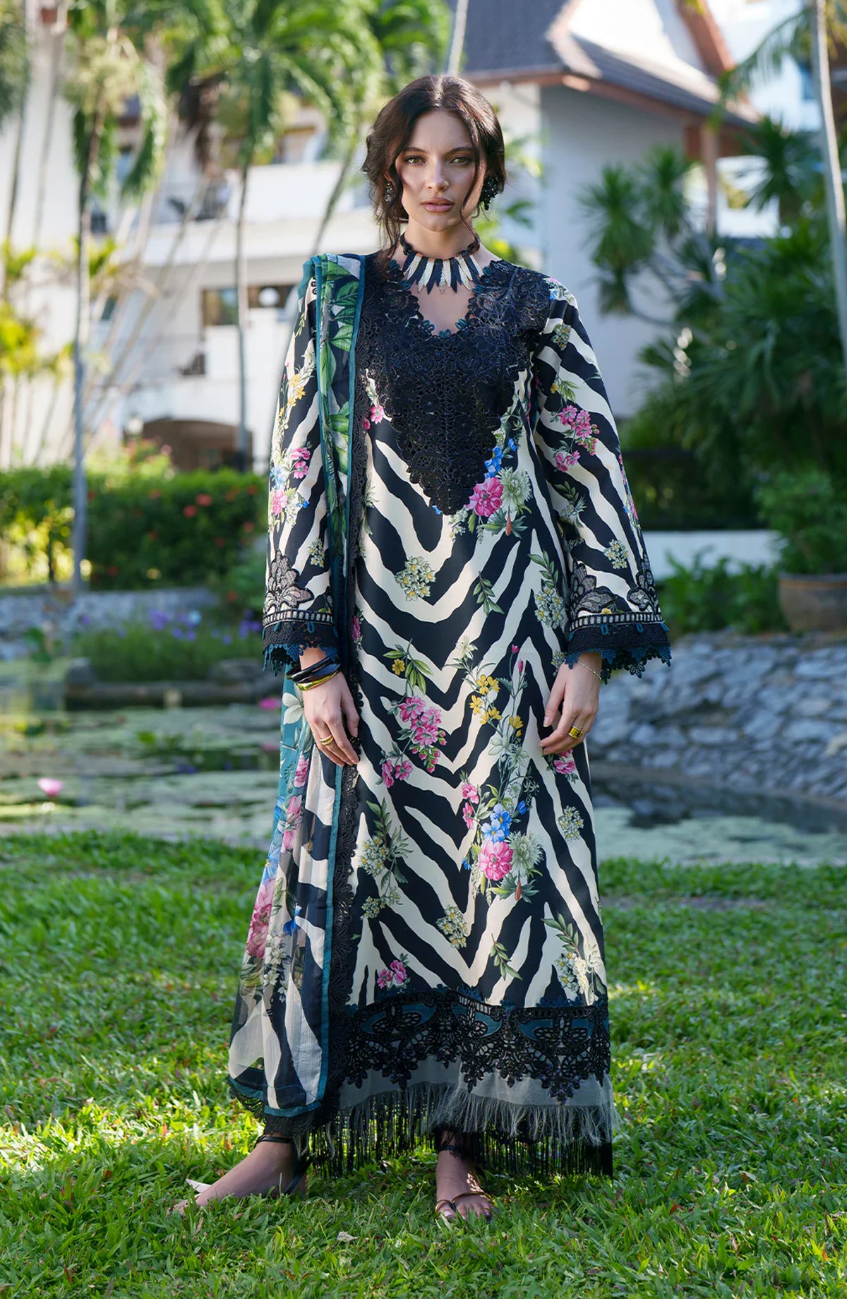 AJR Printed and Embroidered Chikankari Lawn Unstitched 3 Piece Suit - Iris - AJR26CH - Black - Summer Collection