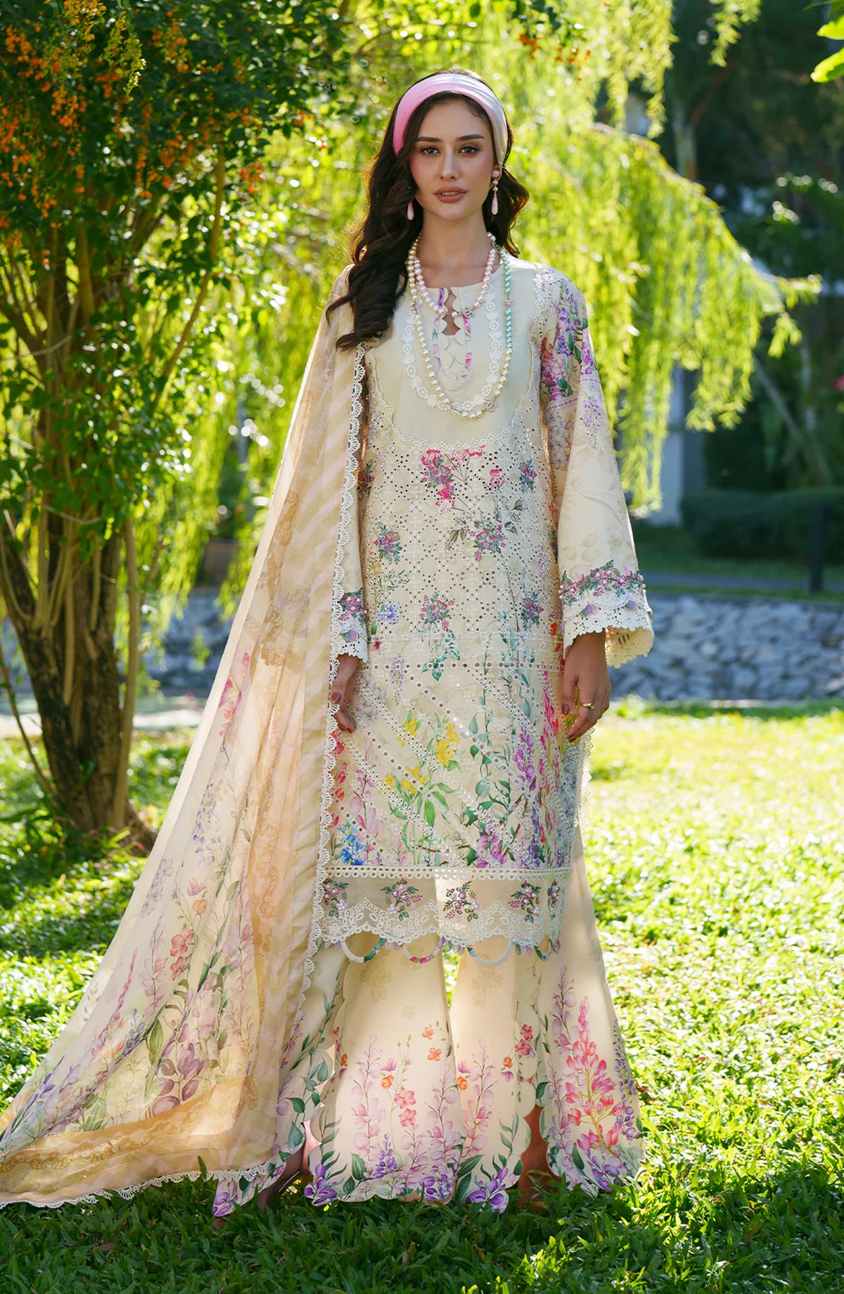 AJR Printed and Embroidered Chikankari Lawn Unstitched 3 Piece Suit - Lila - AJR26CH - Beige - Summer Collection