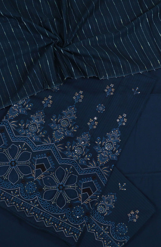 Shanaya by Amna Khadija Luxury Self Doriya Lawn Unstitched 3 Piece Suit - AM25SHN - D-04 - Dark Blue - Festive Collection