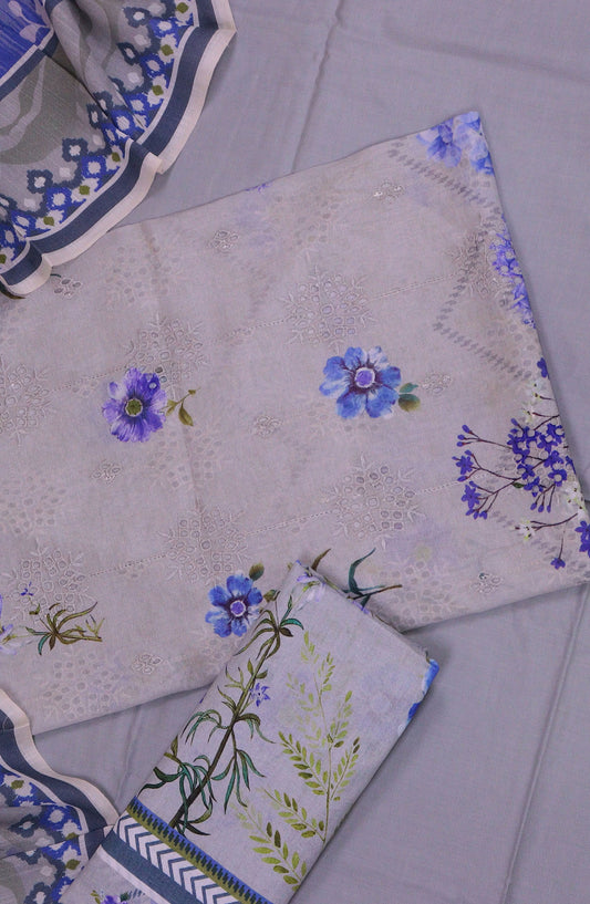 Zeenat by Amna Khadija Embroidered Chikankari Lawn Unstitched 3 Piece Suit - AM25ZNT - D-05 - Light Blue - Summer Collection
