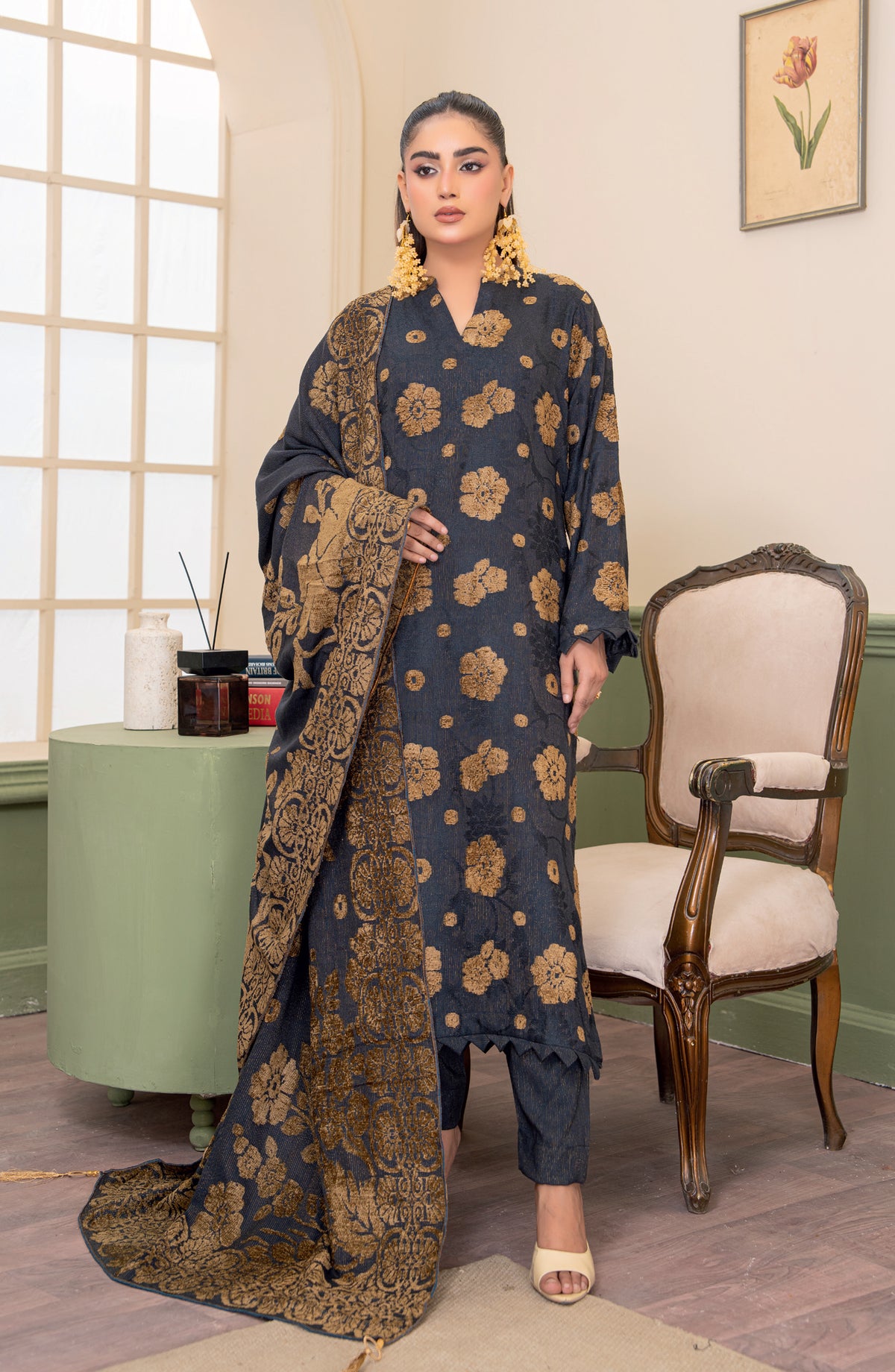 Aagosh by Riaz Arts Premium Jacquard Peach Unstitched 3 Piece Suit - D-05 - RA25AGS - Blue - Winter Collection