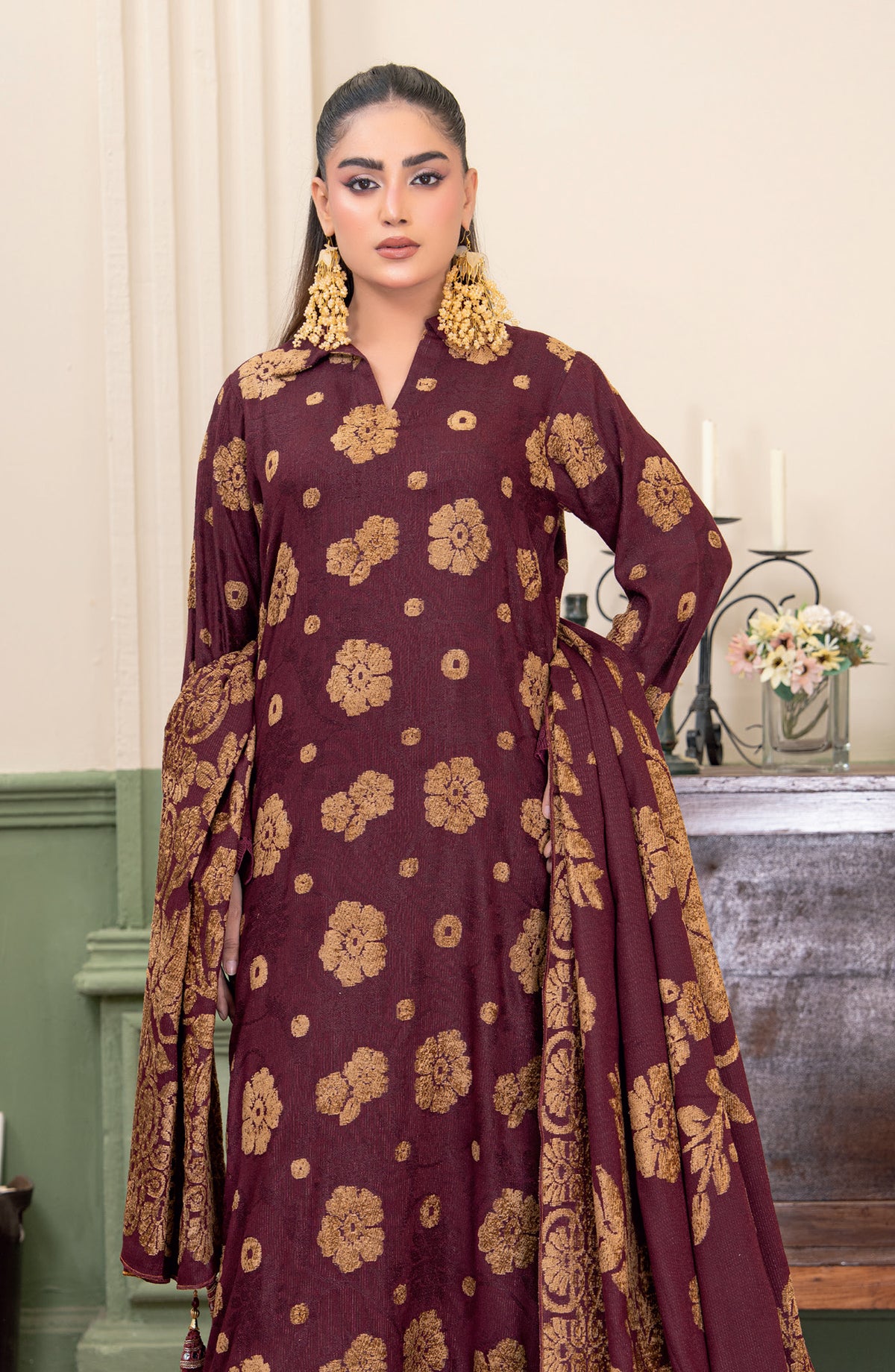 Aagosh by Riaz Arts Premium Jacquard Peach Unstitched 3 Piece Suit - D-04 - RA25AGS - Maroon - Winter Collection