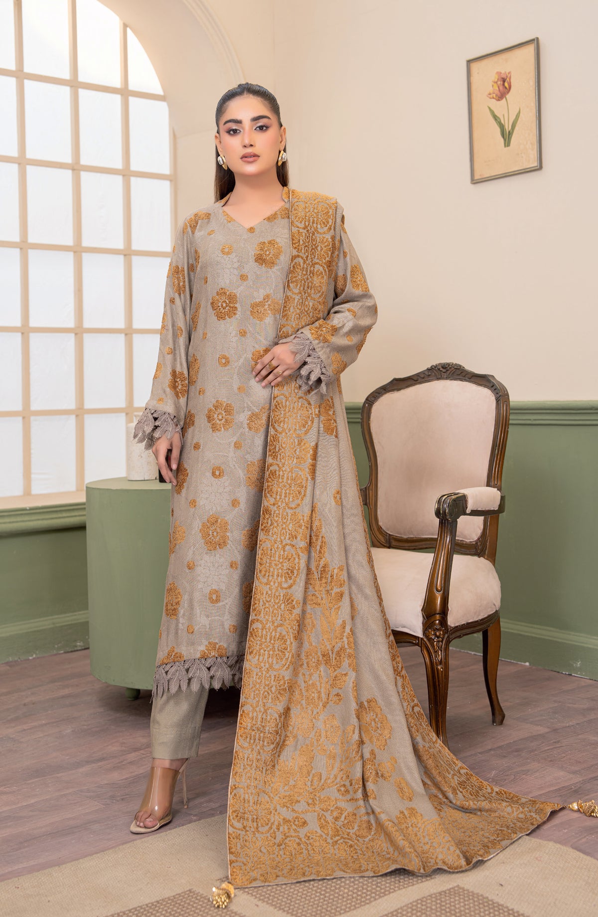 Aagosh by Riaz Arts Premium Jacquard Peach Unstitched 3 Piece Suit - D-03 - RA25AGS - Beige - Winter Collection