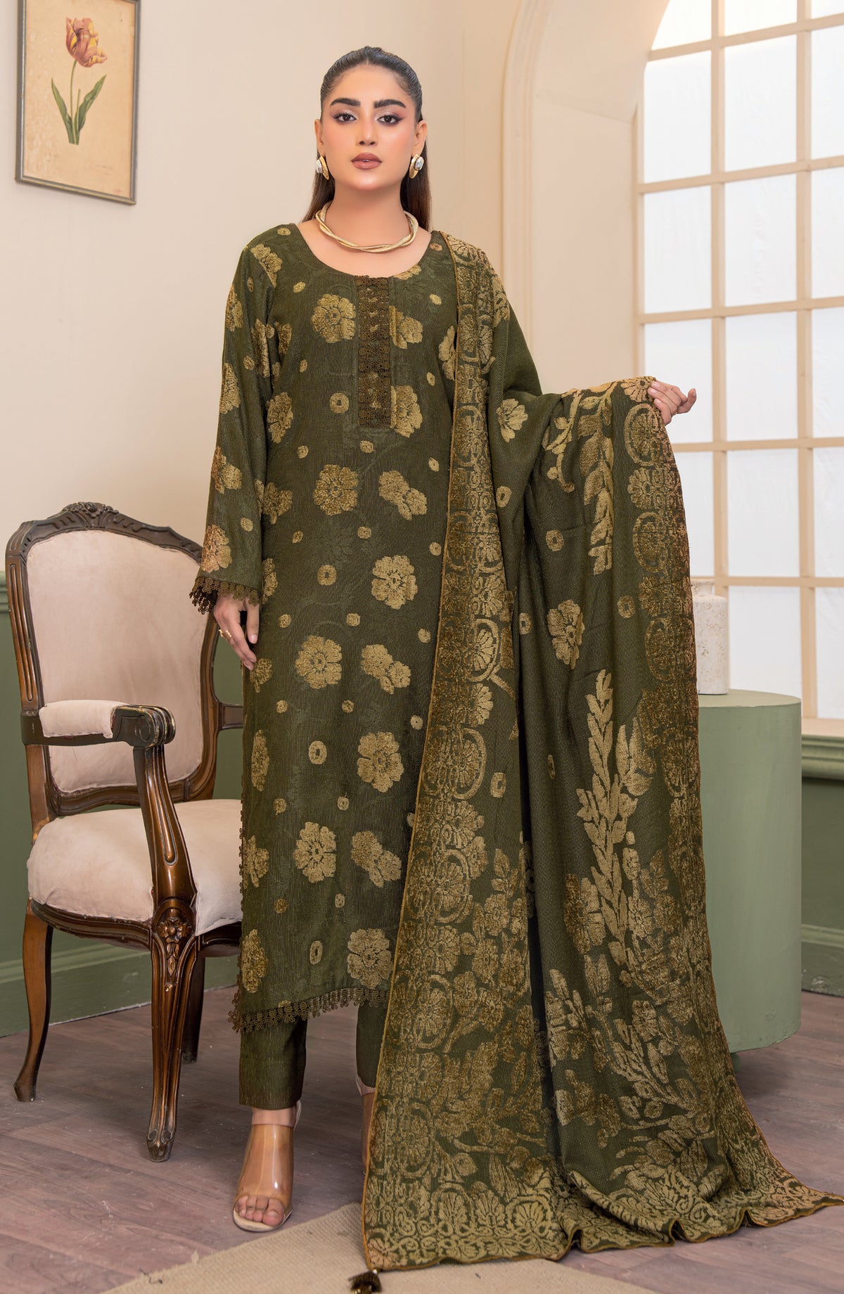 Aagosh by Riaz Arts Premium Jacquard Peach Unstitched 3 Piece Suit - D-02 - RA25AGS - Green - Winter Collection