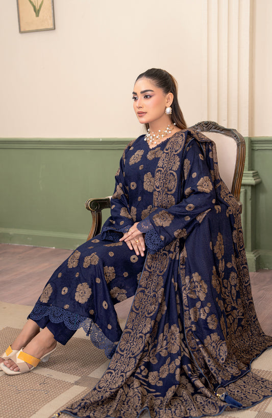 Aagosh by Riaz Arts Premium Jacquard Peach Unstitched 3 Piece Suit - D-01 - RA25AGS - Blue - Winter Collection