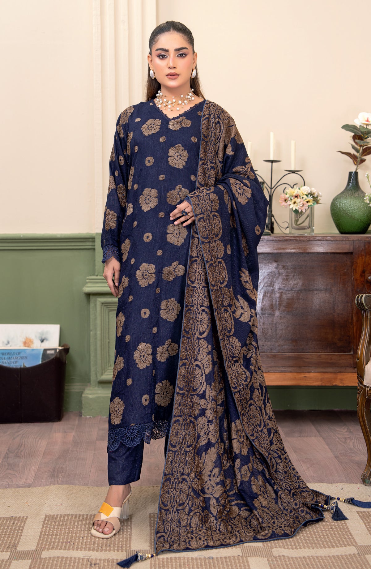 Aagosh by Riaz Arts Premium Jacquard Peach Unstitched 3 Piece Suit - D-01 - RA25AGS - Blue - Winter Collection