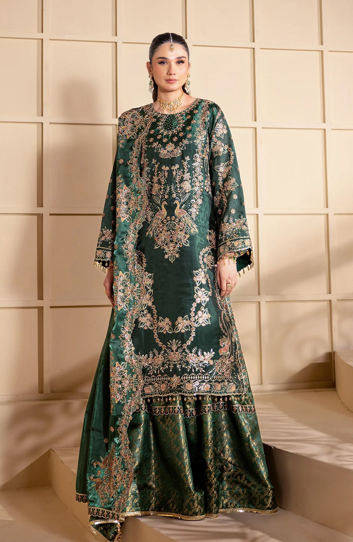 Aaina by Alizeh Embroidered Sheesha Silk Unstitched 3 Piece Suit - 2246 Gota - ALZ26AIN - Green - Luxury Collection