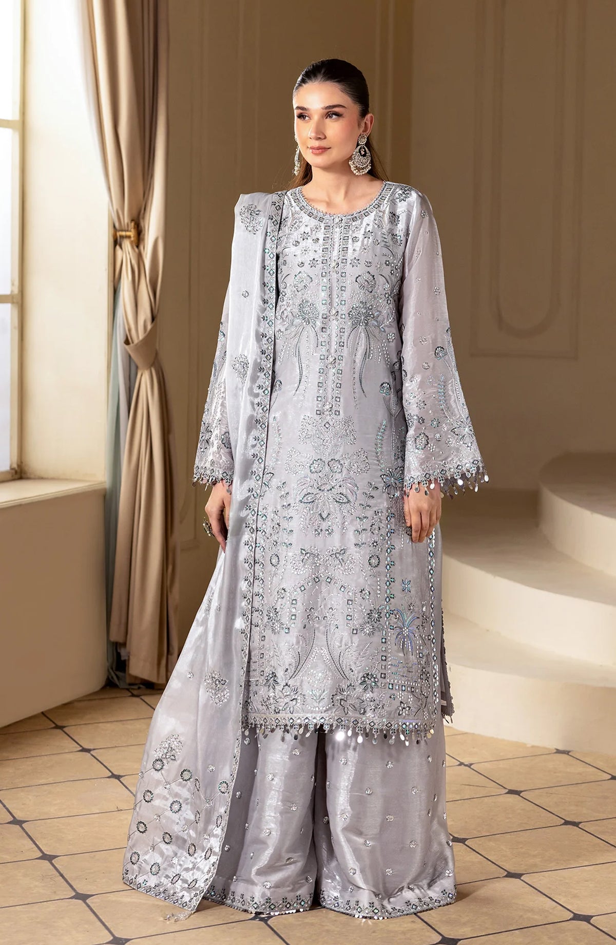Aaina by Alizeh Embroidered Sheesha Silk Unstitched 3 Piece Suit - 2245 Safira - ALZ26AIN - Grey - Luxury Collection