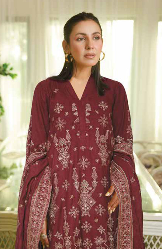 Aarnish by Johra Fancy Embroidered Peach Leather Unstitched 3 Piece Suit - JW-341 - JH25ARNISH - Maroon - Winter Collection