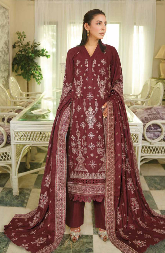 Aarnish by Johra Fancy Embroidered Peach Leather Unstitched 3 Piece Suit - JW-341 - JH25ARNISH - Maroon - Winter Collection