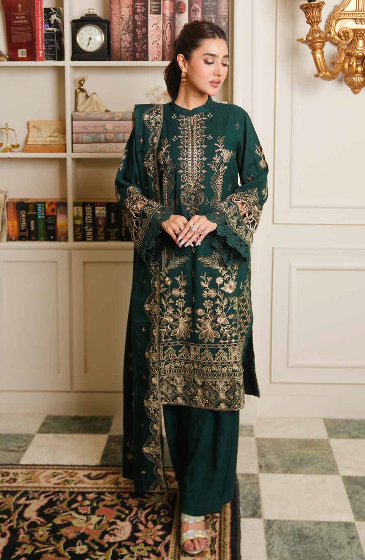 Aarnish by Johra Fancy Embroidered Peach Leather Unstitched 3 Piece Suit - JW-340 - JH25ARNISH - Green - Winter Collection
