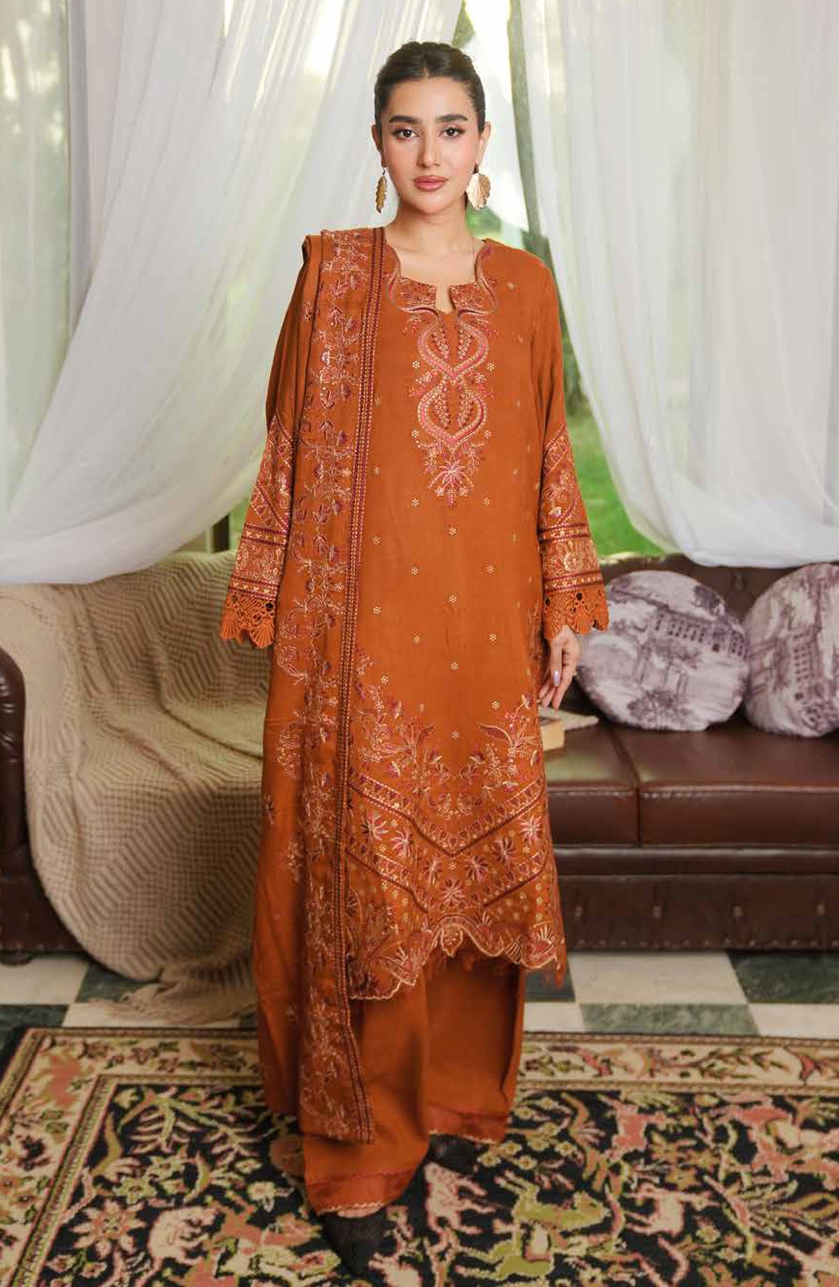 Aarnish by Johra Fancy Embroidered Peach Leather Unstitched 3 Piece Suit - JW-338 - JH25ARNISH - Rust - Winter Collection