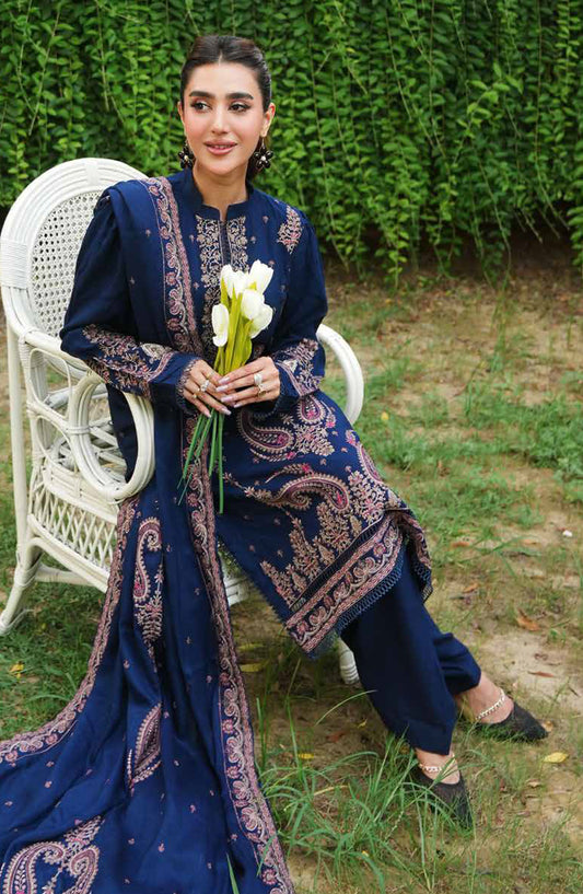 Aarnish by Johra Fancy Embroidered Peach Leather Unstitched 3 Piece Suit - JW-337 - JH25ARNISH - Blue - Winter Collection