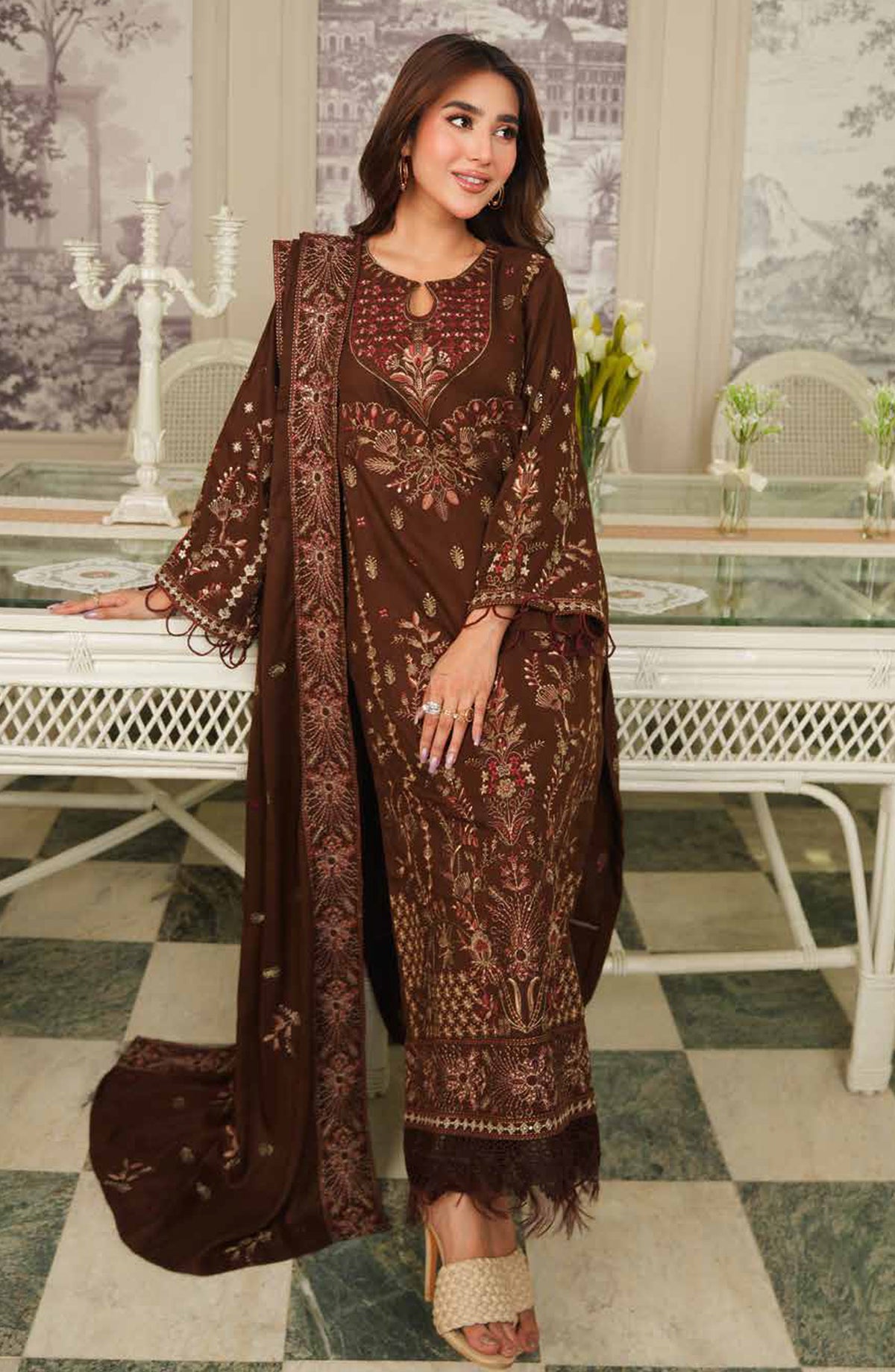 Aarnish by Johra Fancy Embroidered Peach Leather Unstitched 3 Piece Suit - JW-335 - JH25ARNISH - Brown - Winter Collection