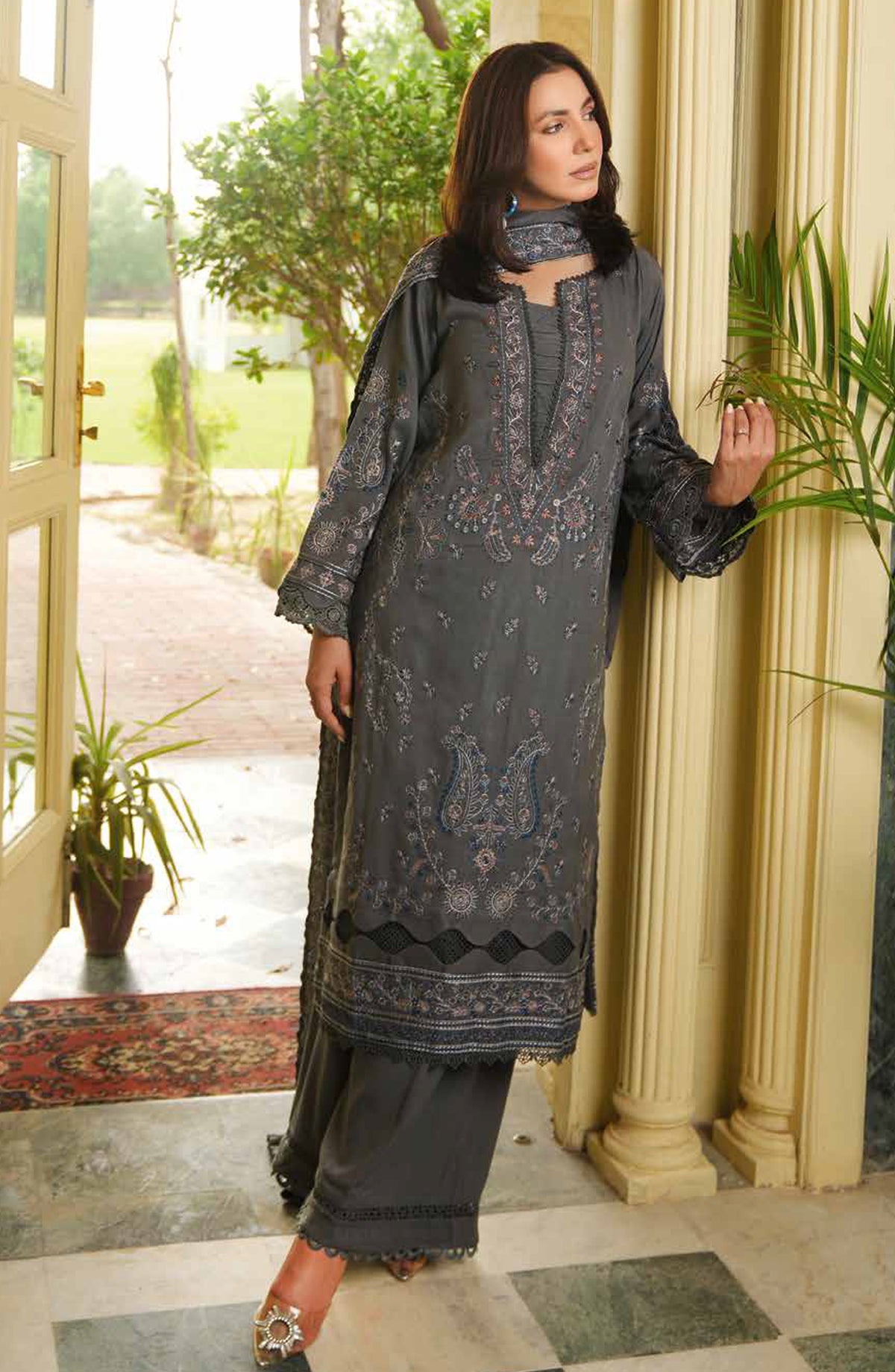 Aarnish by Johra Fancy Embroidered Peach Leather Unstitched 3 Piece Suit - JW-334 - JH25ARNISH - Grey - Winter Collection