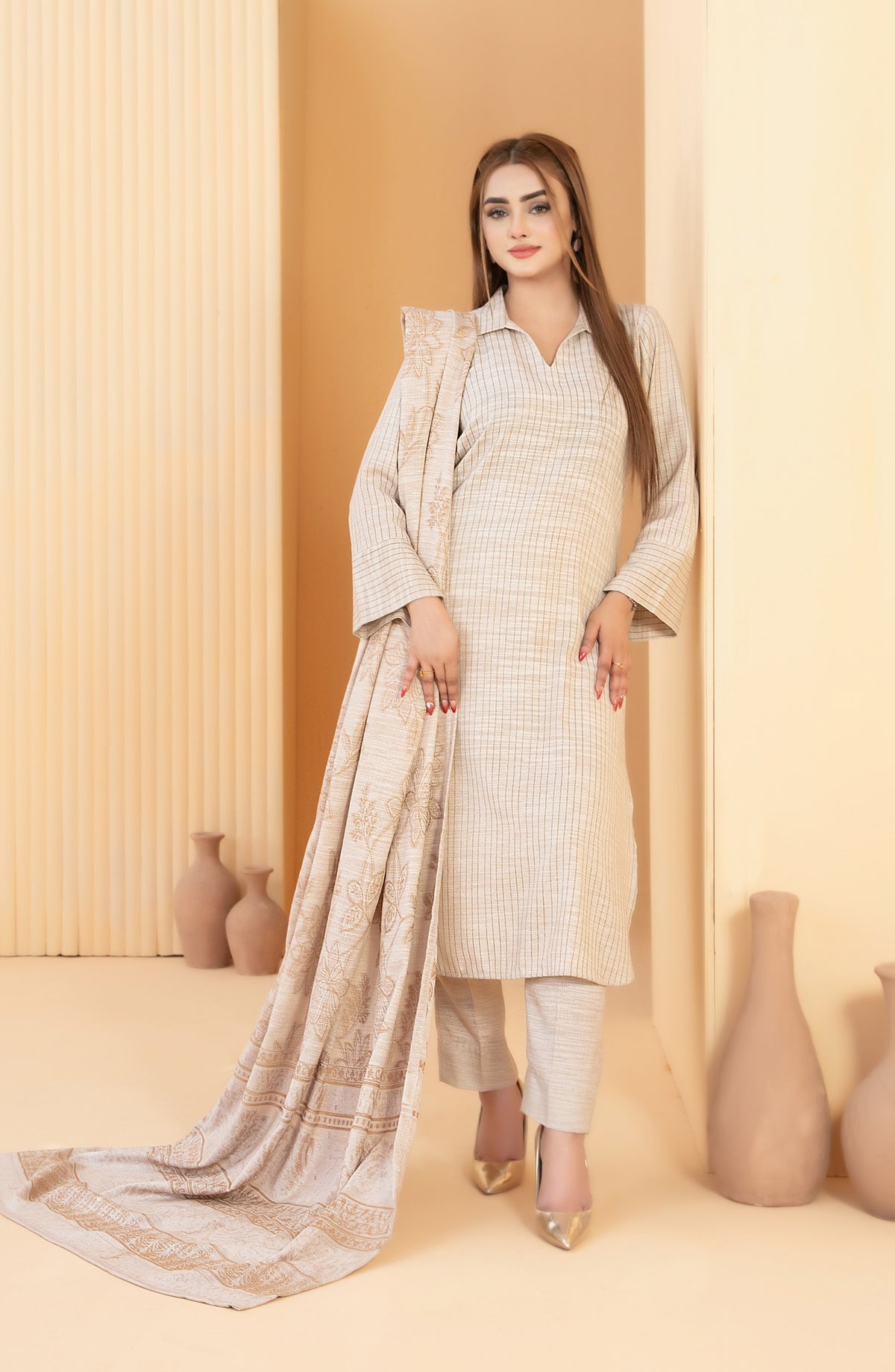 Abiha by Tawakkal Fabrics Fancy Exclusive Leather Peach Unstitched 3 Piece Suit - D-5526 - TF25ABHA - Beige - Winter Collection