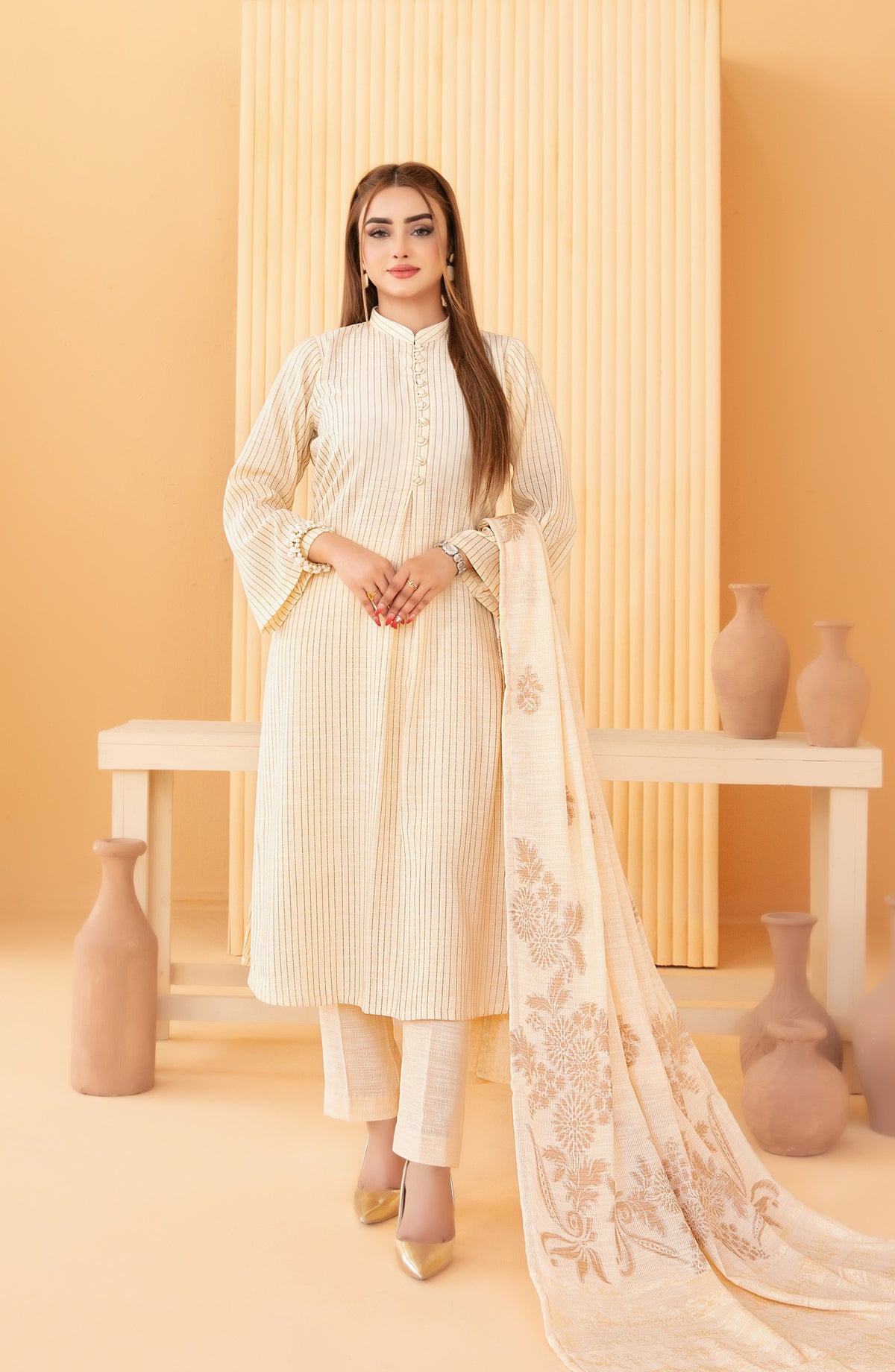 Abiha by Tawakkal Fabrics Fancy Exclusive Leather Peach Unstitched 3 Piece Suit - D-5524 - TF25ABHA - Fawn - Winter Collection