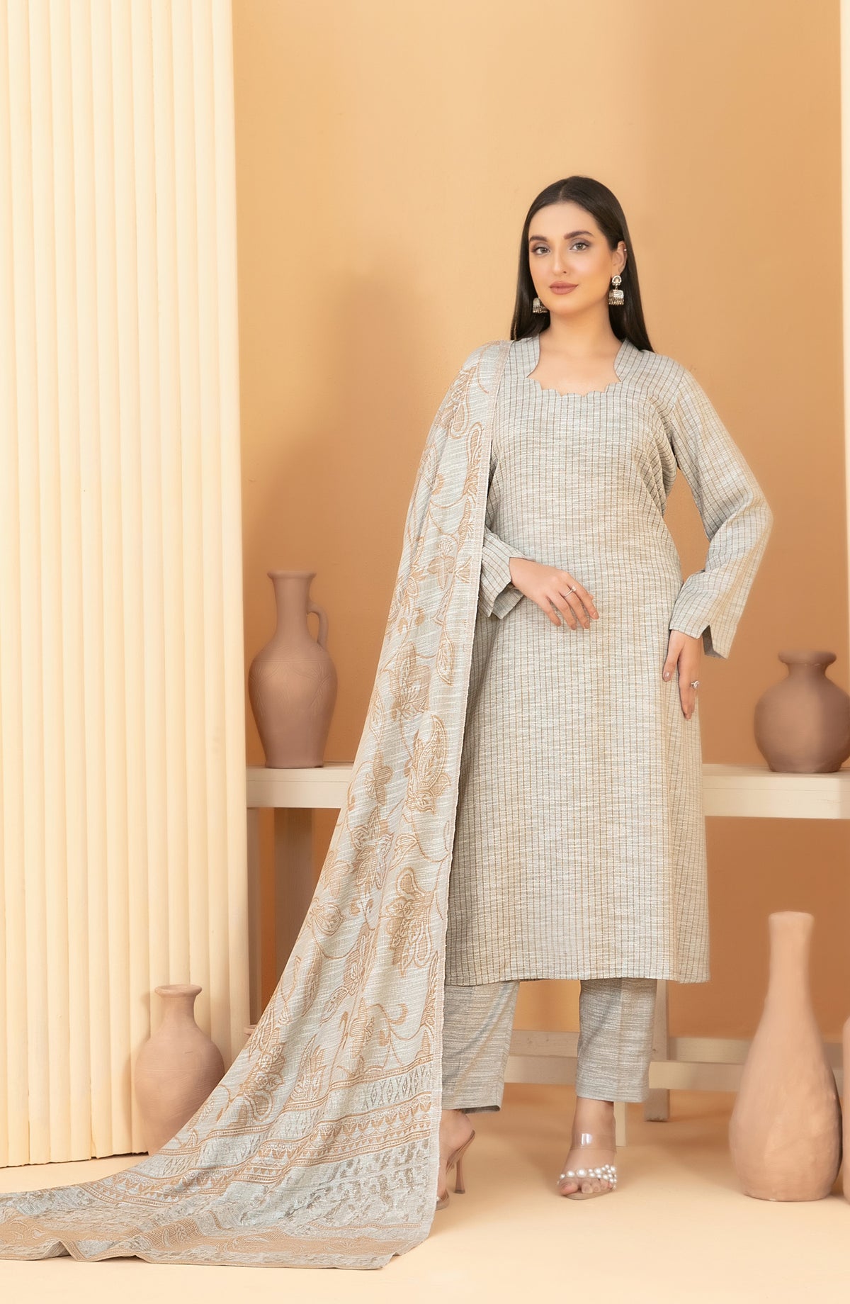 Abiha by Tawakkal Fabrics Fancy Exclusive Leather Peach Unstitched 3 Piece Suit - D-5523 - TF25ABHA - Grey - Winter Collection