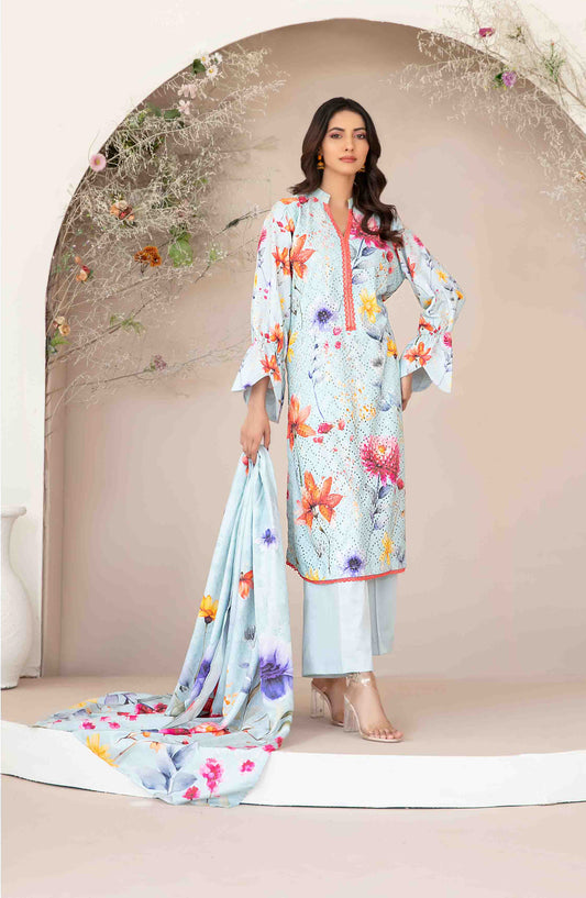 Abir by Tawakkal Fabrics Printed & Embroidered Schiffli Viscose Unstitched 3 Piece Suit - D-5357 - TF25ABR - Blue - Summer Collection