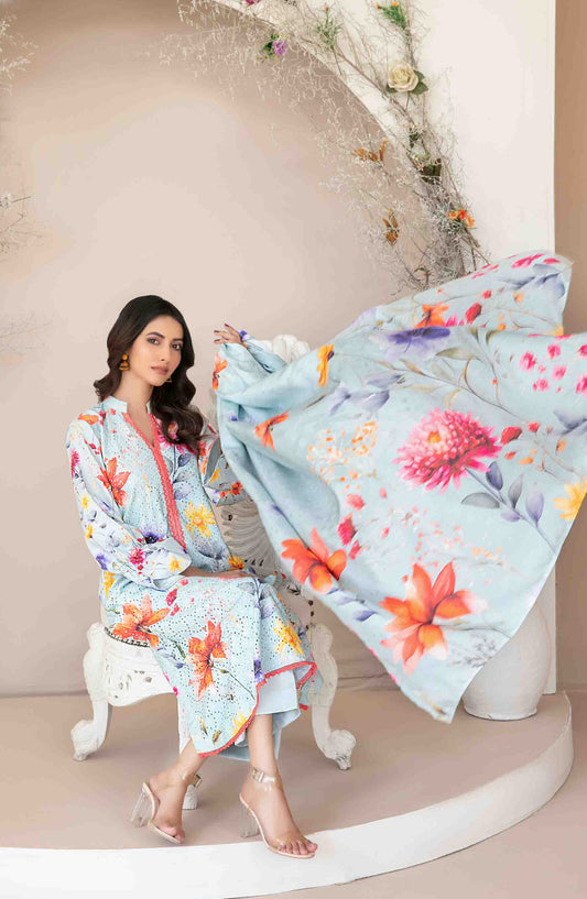 Abir by Tawakkal Fabrics Printed & Embroidered Schiffli Viscose Unstitched 3 Piece Suit - D-5357 - TF25ABR - Blue - Summer Collection