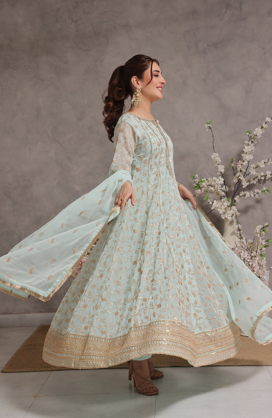 Adaa-e-Khaas by Al Siyaab Luxury Embroidered Chiffon Stitched 3 Piece Suit - HAANI Mint Green - ALS25ADK - Mint Green - Formals Collection