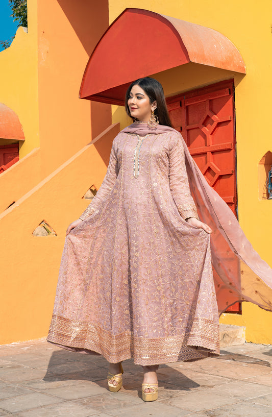 Adaa-e-Khaas by Al Siyaab Luxury Embroidered Chiffon Stitched 3 Piece Suit - HAANI Tea Pink - ALS25ADK - Tea Pink - Formals Collection