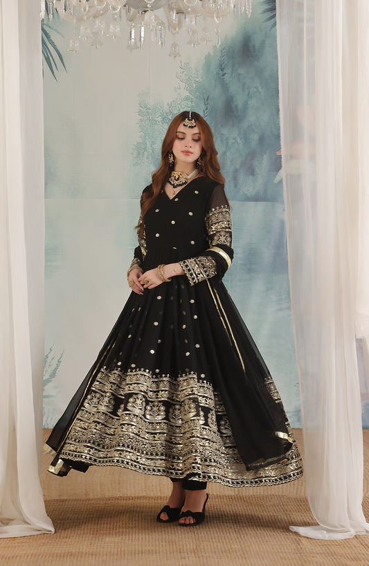 Adaa-e-Khaas by Al Siyaab Luxury Embroidered Chiffon Stitched 3 Piece Suit - MIRAAL Black - ALS25ADK - Black - Formals Collection