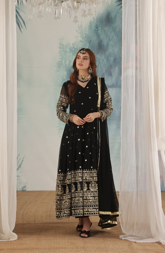 Adaa-e-Khaas by Al Siyaab Luxury Embroidered Chiffon Stitched 3 Piece Suit - MIRAAL Black - ALS25ADK - Black - Formals Collection