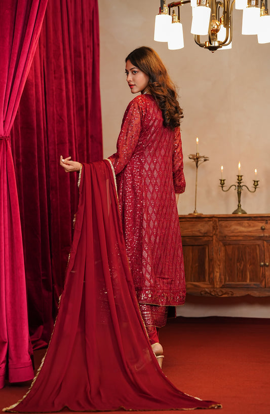 Adaa-e-Khaas by Al Siyaab Luxury Embroidered Chiffon Stitched 3 Piece Suit - SANA Maroon - ALS25ADK - Maroon - Formals Collection