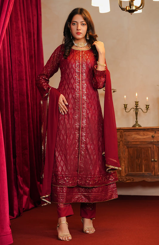 Adaa-e-Khaas by Al Siyaab Luxury Embroidered Chiffon Stitched 3 Piece Suit - SANA Maroon - ALS25ADK - Maroon - Formals Collection