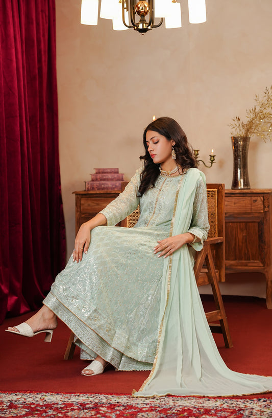Adaa-e-Khaas by Al Siyaab Luxury Embroidered Chiffon Stitched 3 Piece Suit - SANA Mint Green - ALS25ADK - Mint Green - Formals Collection