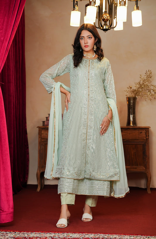 Adaa-e-Khaas by Al Siyaab Luxury Embroidered Chiffon Stitched 3 Piece Suit - SANA Mint Green - ALS25ADK - Mint Green - Formals Collection