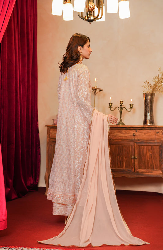 Adaa-e-Khaas by Al Siyaab Luxury Embroidered Chiffon Stitched 3 Piece Suit - SANA Peach - ALS25ADK - Peach - Formals Collection