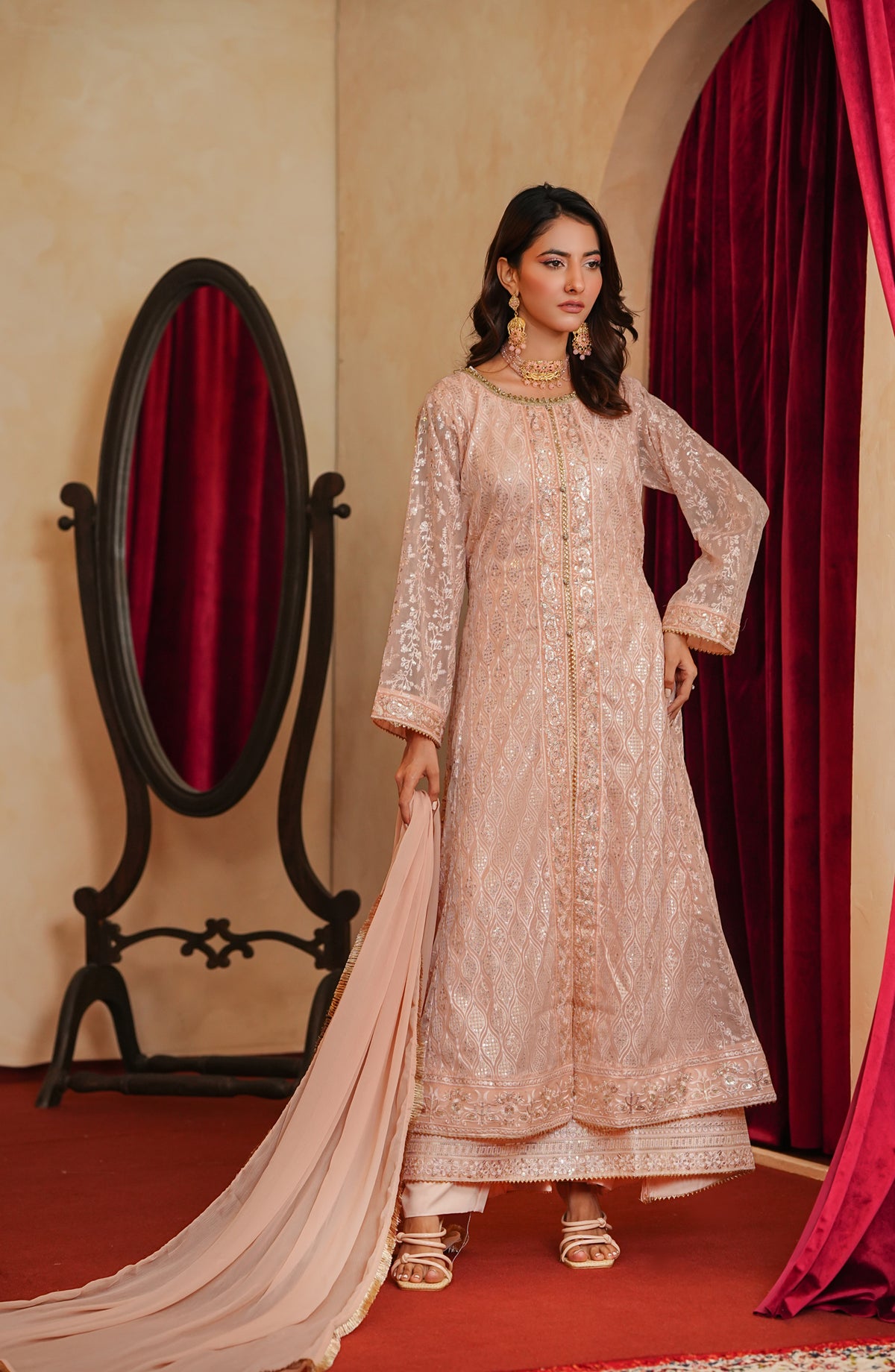 Adaa-e-Khaas by Al Siyaab Luxury Embroidered Chiffon Stitched 3 Piece Suit - SANA Peach - ALS25ADK - Peach - Formals Collection