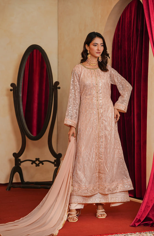 Adaa-e-Khaas by Al Siyaab Luxury Embroidered Chiffon Stitched 3 Piece Suit - SANA Peach - ALS25ADK - Peach - Formals Collection
