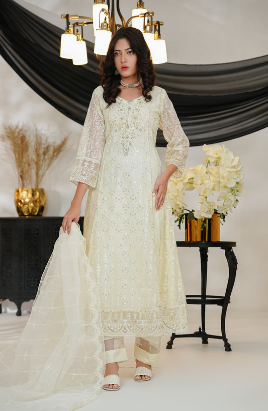 Adaa-e-Khaas by Al Siyaab Luxury Embroidered Khaddi Net Stitched 3 Piece Suit - ROSHNI Off White - ALS25ADK - Off White - Formals Collection