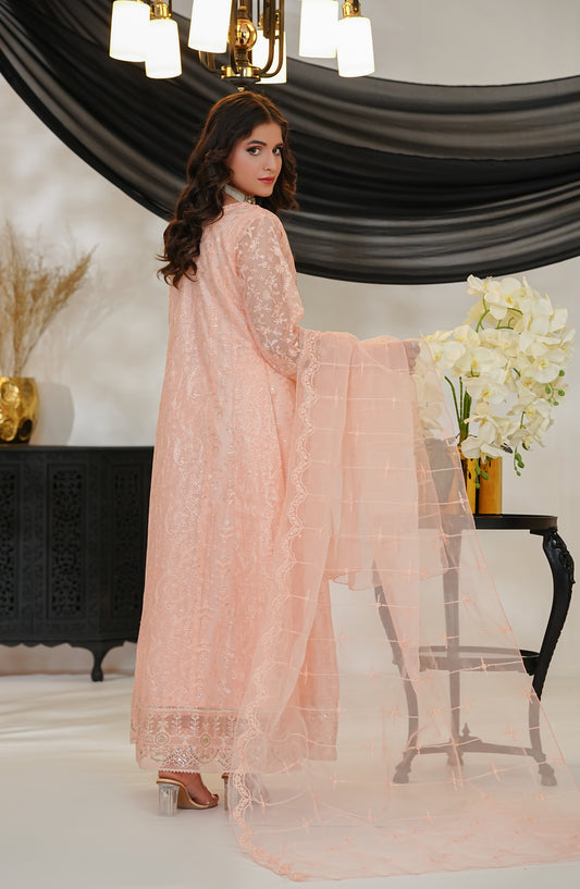 Adaa-e-Khaas by Al Siyaab Luxury Embroidered Khaddi Net Stitched 3 Piece Suit - ROSHNI Peach - ALS25ADK - Peach - Formals Collection