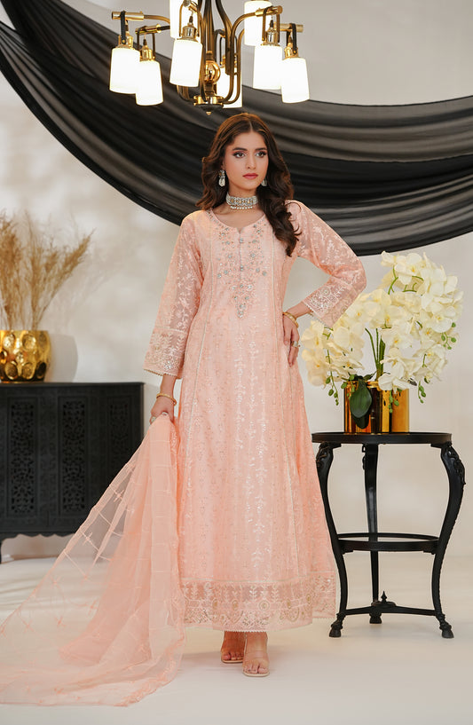 Adaa-e-Khaas by Al Siyaab Luxury Embroidered Khaddi Net Stitched 3 Piece Suit - ROSHNI Peach - ALS25ADK - Peach - Formals Collection