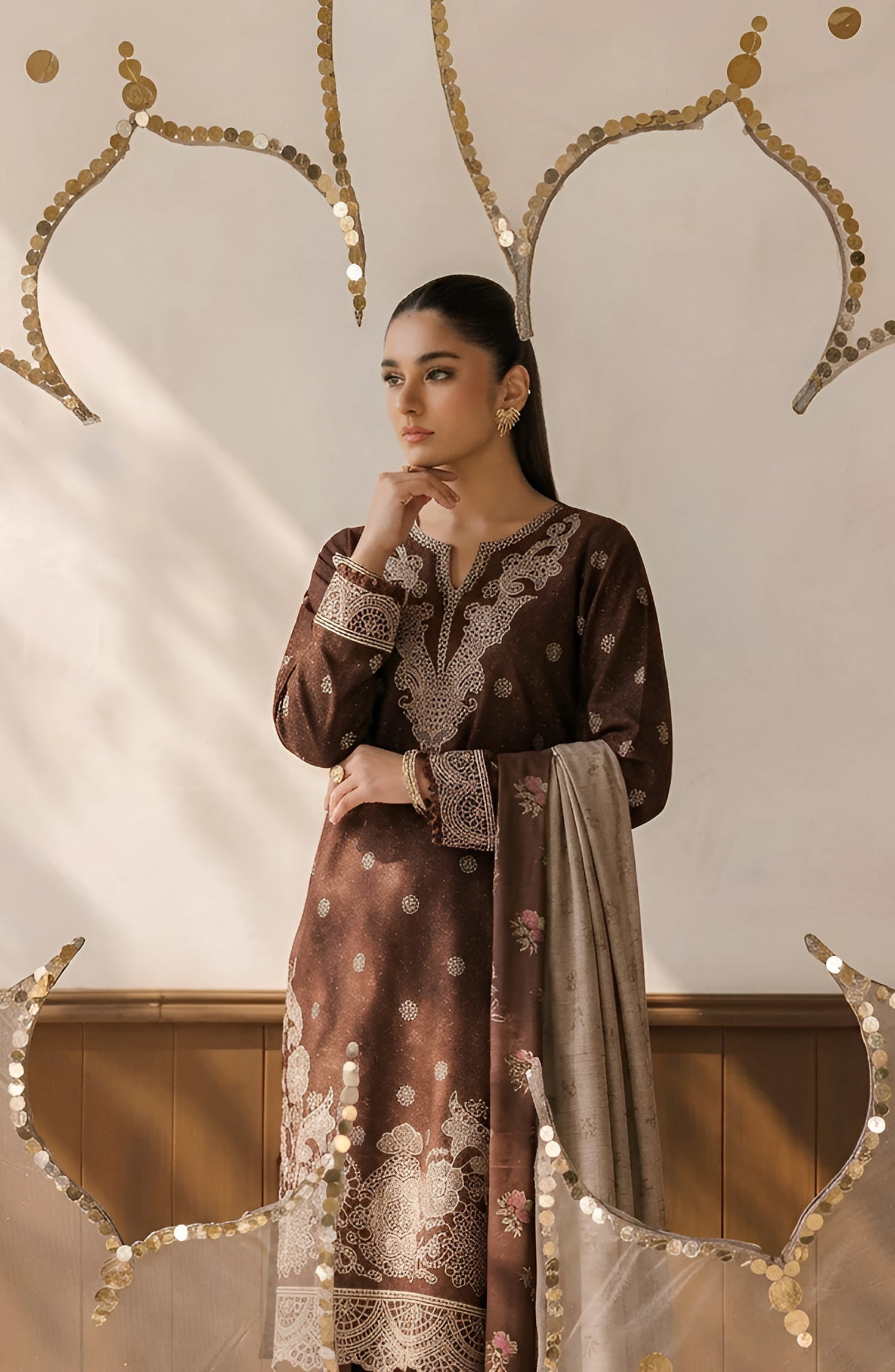 Afreen by Amna Khadija Embroidered Chamki Unstitched 3 Piece Suit - D-04 - AM26FRN - Brown - Winter Collection